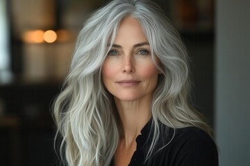 Fototapeta premium portrait of a mature woman with gracefully wavy grey hair radiating beauty and wisdom showcasing hair care and makeup artistry that emphasizes her natural elegance and selfcare