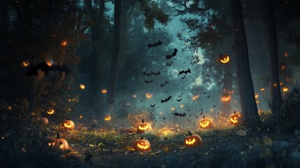 Fototapeta premium scary and spooky halloween background with pumpkins and bats