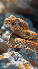 Fototapeta premium Snake basking peacefully on a sunlit rock, showcasing intricate scales in a natural habitat