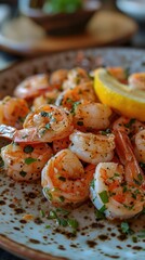 Freshly cooked shrimp served with a tangy lemon wedge on a lovely plate at a seaside restaurant