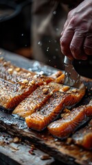 A person expertly fillets a large trout on a wooden board in a cozy kitchen