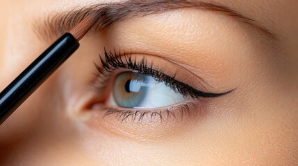Naklejka premium Close-up focuses on an eye, with emphasis on an artistically groomed eyebrow and a perfectly drawn eyeliner line to enhance natural beauty.