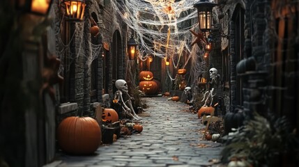 Naklejka premium halloween background with spider web. street with halloween decoration