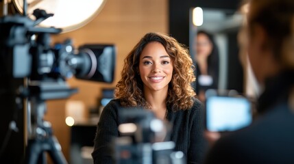 A confident woman sits amid various cameras in a sophisticated studio environment, conveying a sense of professionalism and artistic talent in photography.
