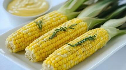 Fresh organic corn boiled to perfection, displayed on a white plate accompanied by a mustard sauce infused with tarragon herbs.
