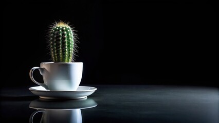 Astro miracle cactus in white cup silhouette on black glass table