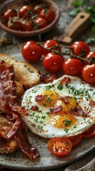 Tasty breakfast platter: eggs, crispy bacon, ripe tomatoes, and wholesome bread on wood