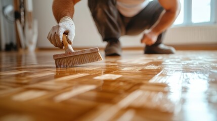 An artisan with keen attention expertly brushes a wooden floor, ensuring a shiny, smooth finish, symbolizing dedication and refined craftsmanship in a luminous setting.