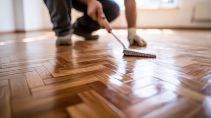 A skilled worker meticulously applies varnish to a wooden floor's surface, enhancing its natural shine and durability while maintaining the floor's elegant appearance.