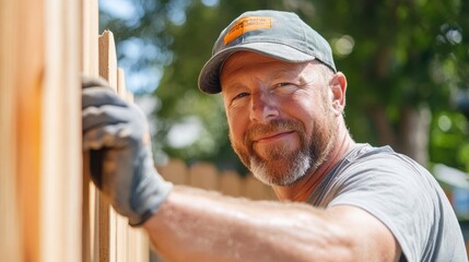 A craftsman wearing a cap and gloves smiling while working on a wooden fence outdoors, embodying a sense of pride and enjoyment in his craft and manual labor.