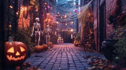 halloween background with spider web. street with halloween decoration