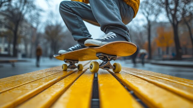 Close-up of a skateboarder performing a trick on a bright yellow bench in an urban park setting during autumn. - Powered by Adobe