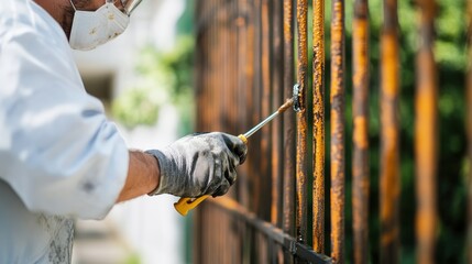 In this image, a man wearing protective gear skillfully paints a metal fence outdoors, with sunlight highlighting his diligent work in renewing the structure.