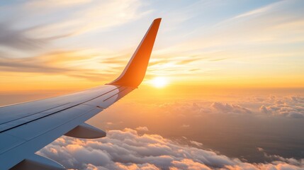 This inspiring image features an airplane wing gracefully cutting through a stunning sunset, highlighting an endless cloudscape, symbolizing balance and aspiration.