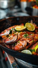 Freshly caught fish served in a bowl at a vibrant seafood restaurant kitchen during lunchtime