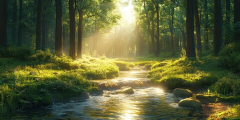 Fototapeta premium Sunlit Forest Stream