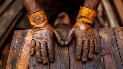 Close-up of a worker's hands wearing dirty gloves, resting on a wooden plank, representing hard labor and craftsmanship.