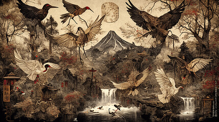 Japan, four seasons, Mt. Fuji, Japanese painting, art, ukiyo-e, sumi-e, ink painting, nature, seasons, spring, summer, autumn, winter, design, Japanese pattern, sakura, red leaf, green leaf, mountains