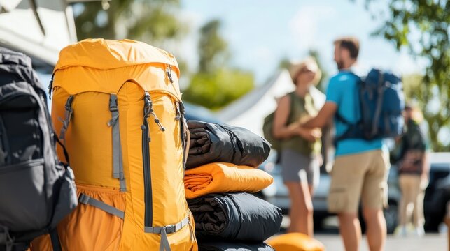 Camping gear and backpacks ready for an outdoor adventure as two hikers prepare for their journey into the wilderness, showcasing excitement and readiness for nature.