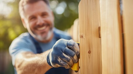 A worker uses a power drill to tighten screws on a wooden fence, demonstrating precision and efficiency. Surrounding sunlight highlights an atmosphere of industry.