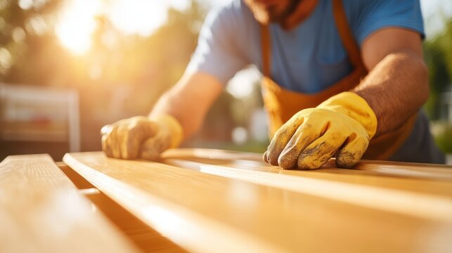 A skilled carpenter sands a wooden surface wearing yellow gloves, basking in warm sunlight, symbolizing craftsmanship, dedication, and hard work.