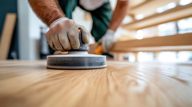 A dedicated worker uses an electric sander on a wooden floor, focusing on evenness and skillful execution, representing modern craftsmanship and dedication.