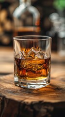 A glass of premium whiskey on a rustic wooden table with ice in a cozy setting