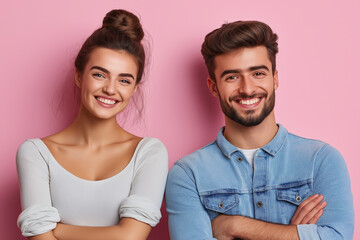 Fototapeta premium Smiling couple on pink background