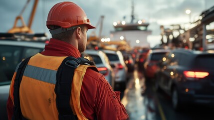 A worker wearing a red helmet and safety gear supervises cars boarding a ferry, highlighting safety and efficiency in maritime transport operations.