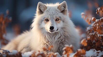 Naklejka premium portrait of wild white fox with long fur and brown eyes looking at camera