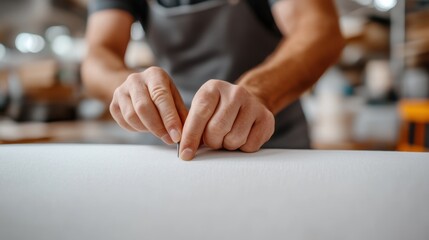 Obraz premium In a workshop, a person meticulously examines and adjusts fabric with their fingers, showcasing precision and attention in tailoring garments for optimal quality.