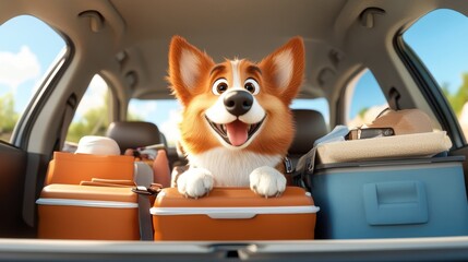A joyful corgi sits in the back of a packed car, surrounded by travel bags and a cooler, ready for an adventure under the sunny, clear sky.