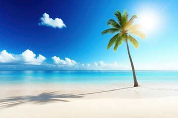 Obraz premium Palm tree on sandy beach under bright blue sky