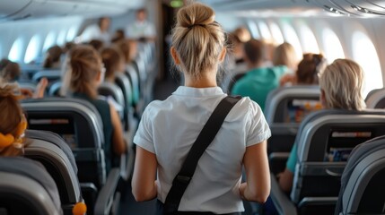 A busy airplane cabin is captured with airline staff walking through, focusing on the efficient and seamless service provided in modern aviation.