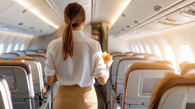 A flight attendant exudes warmth while serving passengers onboard, highlighting exemplary customer service and comfort standards during an in-flight experience.
