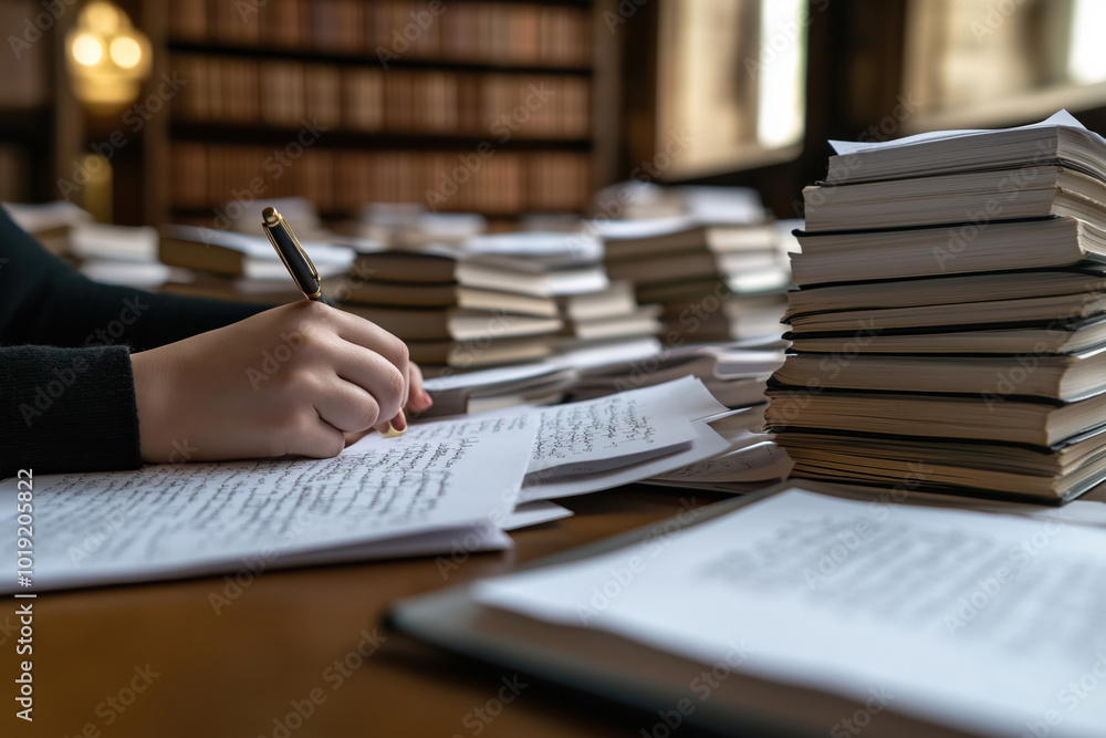 Aufkleber writing notes at library table covered in books