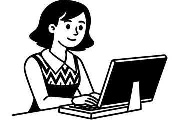 Beautiful girl working on computer  vector art illustration