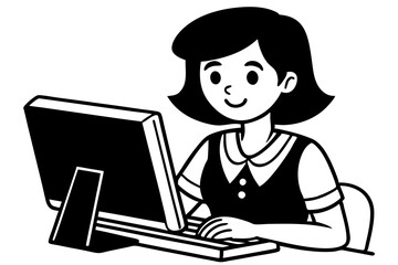 Beautiful girl working on computer  vector art illustration