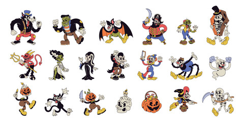 Vector Halloween Retro Cartoon Characters Style Groovy Set Illustration Isolated