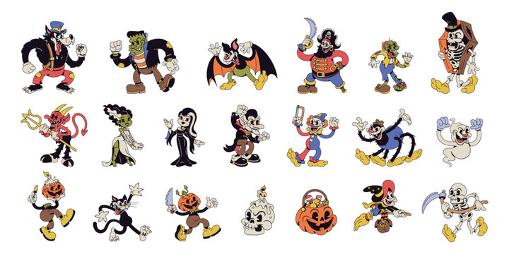 Naklejki Vector Halloween Retro Cartoon Characters Style Groovy Set Illustration Isolated