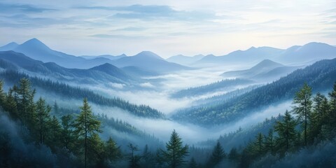 Obraz premium Misty mountain landscape with forested hills.