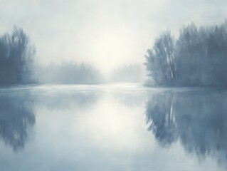 Fototapeta premium Silhouetted trees reflect in a misty lake.