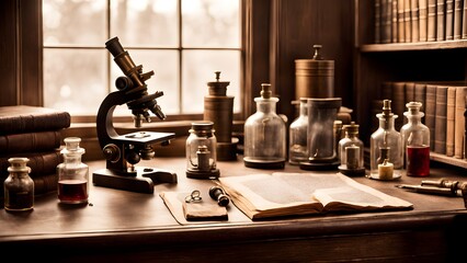 An antique microscope sits on a wooden desk with other scientific instruments.