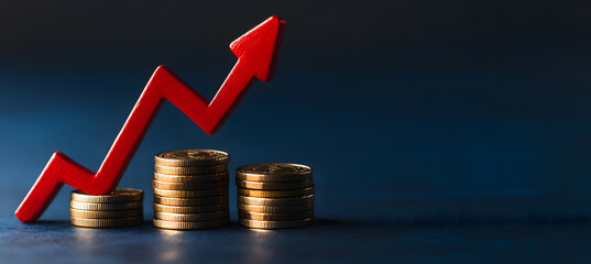 Stacked coins and a red arrow graph representing the financial crisis on a dark blue background design, the concept of market crash design. 3D Rendering design