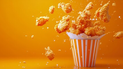 Crispy popcorn chicken pieces spill from a striped container against a bright orange background, showcasing a delicious snack moment.