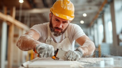A dedicated construction worker wearing a helmet and gloves intensely saws wood, surrounded by dust, emphasizing determination, effort, and skilled workmanship indoors.