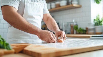 A chef wearing a white apron skillfully prepares food on a spotless kitchen counter, embodying culinary expertise and meticulous attention to detail.