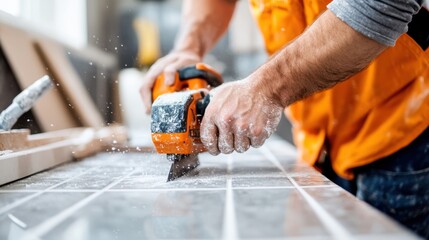 A dedicated construction worker expertly uses a power saw on tiles, demonstrating precision and skill essential for successful building and renovation projects.