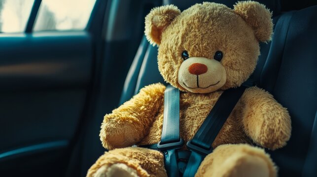 Cute teddy bear buckled up in a car seat. Cozy and secure road trip companion for children. Perfect plush friend for safe travel adventures.