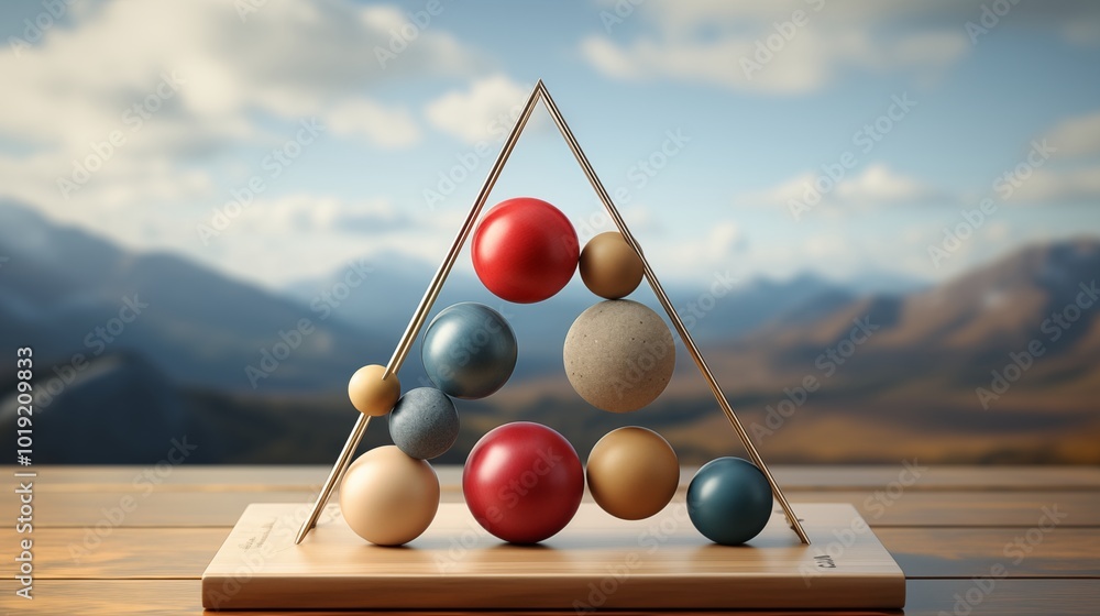 Poster primitive elements in balance . confidence and impossible balance concept . this is a 3d render illu